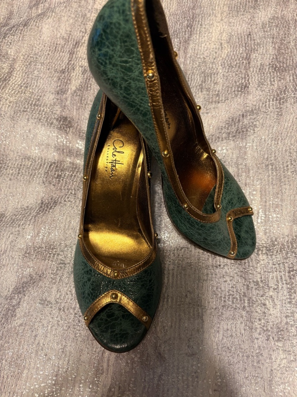 Vintage Cole Haan Green Open-Toe Heels with Gold Trim